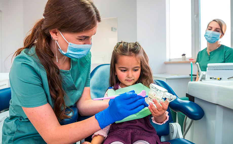 Eine junge Zahnärztin erklärt einem kleinem Mädchen etwas anhand eines Zahnmodels